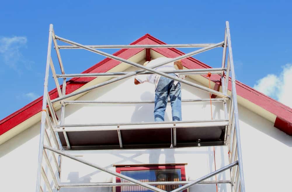 Professional Workman Is Painting Exterior Walls And Wooden Window Frames