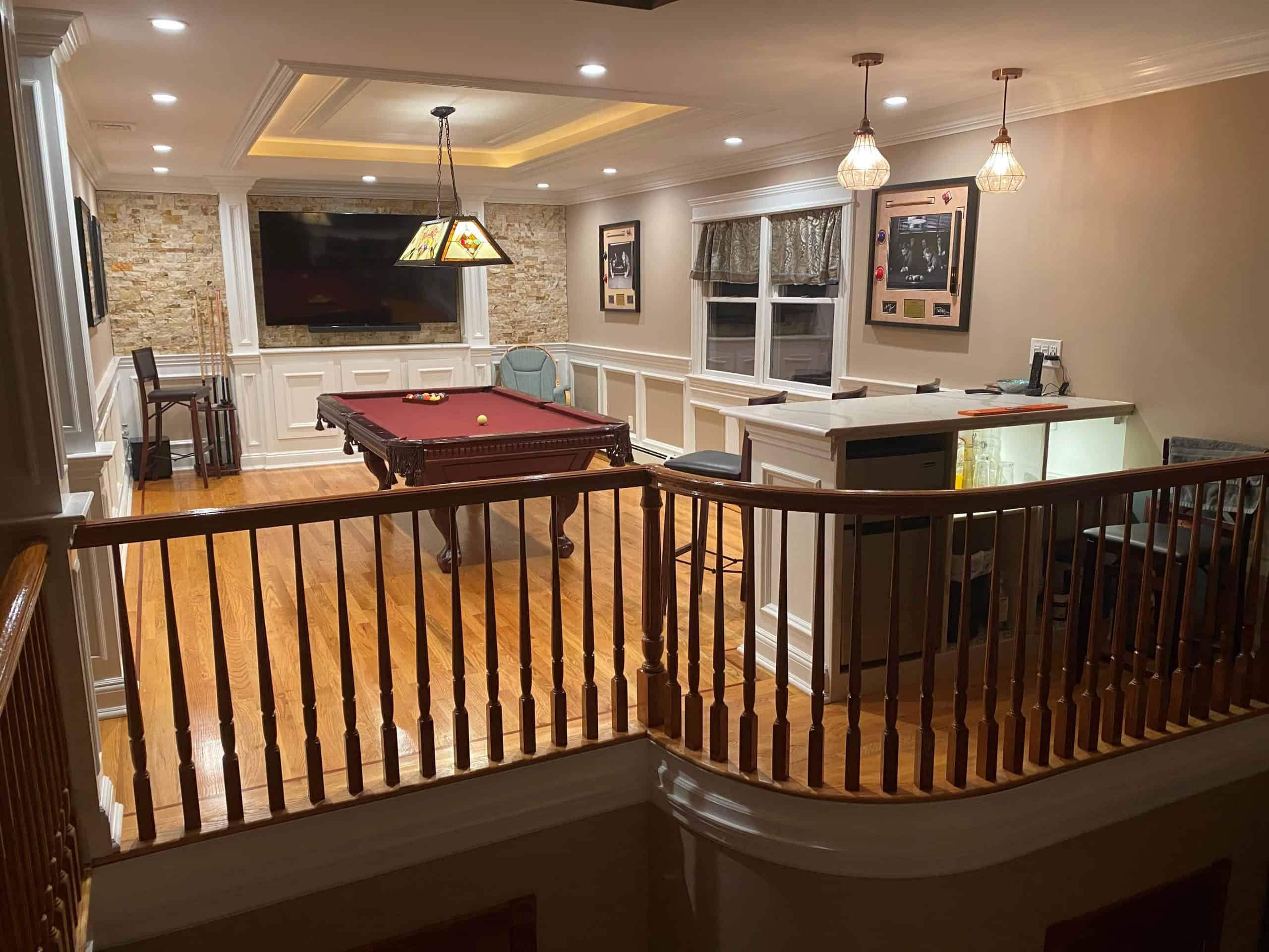 Recently completed billiards area in a home.